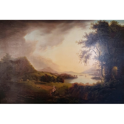 412 - 19th century, English school, landscape with figures, oil on board, 64 x 94 cm