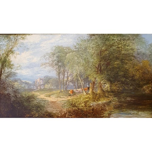 417 - Late 19th century, English school, landscape with cattle, oil on canvas, 28 x 56 cm