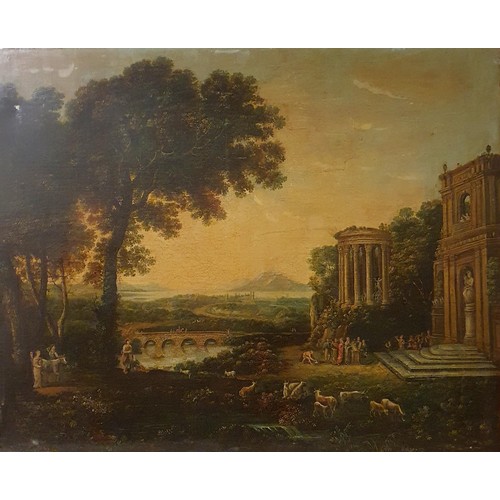 313 - 19th century, Continental school, landscape with figure and temples, oil on canvas, 100 x 80 cm