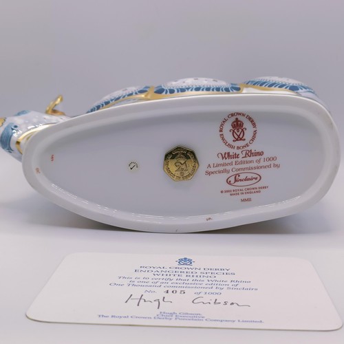 618 - A Royal Crown Derby limited edition paperweight, White Rhino, 405/1000, 21 cm wide, with a certifica... 