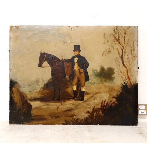 316 - 19th century, English school, a gentleman with his horse, oil on canvas, 70 x 54 cm