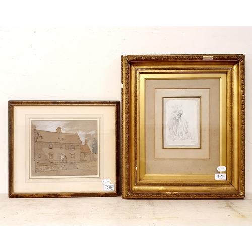 319 - Flora Russell, Winter Manor Crick, watercolour, signed, 20 x 25 cm, and a study of two ladies, charc... 