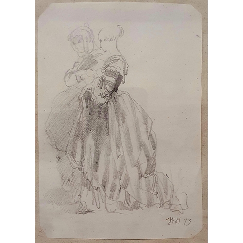 319 - Flora Russell, Winter Manor Crick, watercolour, signed, 20 x 25 cm, and a study of two ladies, charc... 