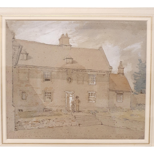 319 - Flora Russell, Winter Manor Crick, watercolour, signed, 20 x 25 cm, and a study of two ladies, charc... 