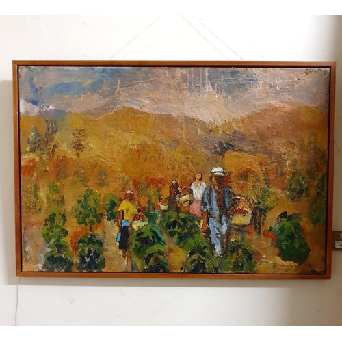 334 - 20th century, South American school, farm workers, oil on canvas, indistinctly signed and dated '03,... 