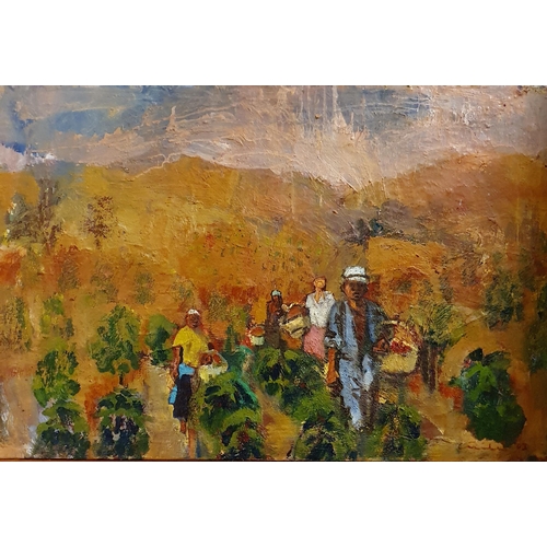 334 - 20th century, South American school, farm workers, oil on canvas, indistinctly signed and dated '03,... 