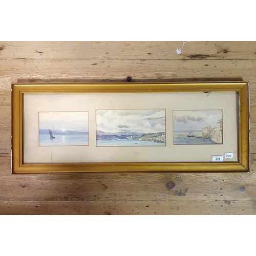 338 - A set of three watercolours, landscapes, the largest 13 x 25 cm, framed as one