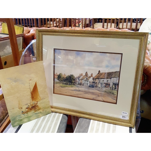 373 - J S Weston, English village scene, watercolour, signed, 27 x 36 cm, and a seascape, watercolour, 34 ... 