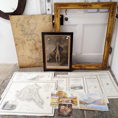 402 - A gilt gesso picture frame, 120 cm x 100 cm, a print of Lord Collingwood, and assorted unframed pict... 