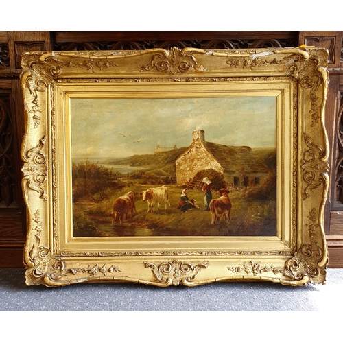 425 - G Watson, landscape with figures and cattle, oil on canvas, signed, 39 x 57 cm