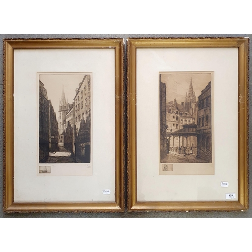 429 - Raye, city scene, etching, 100/350, 41 x 21 cm, and its pair (2)