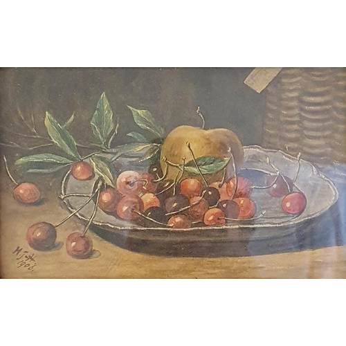 431 - 20th century, English school, still life of apple and cherries, watercolour, initialed FMH, dated 19... 