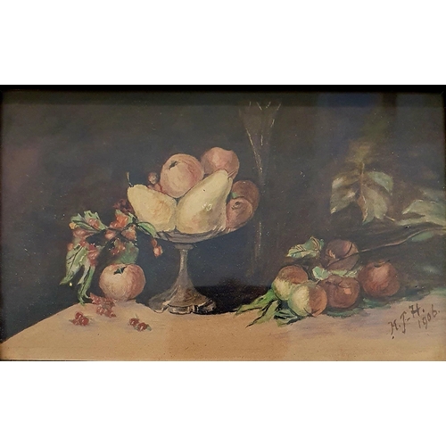 431 - 20th century, English school, still life of apple and cherries, watercolour, initialed FMH, dated 19... 