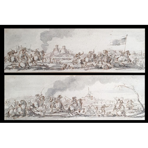 454 - Manner of Giacomo Cortesi, a battle scene, wash and ink, 12 x 37 cm, with a The Rowley Gallery label... 