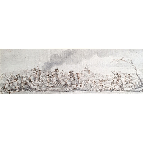 454 - Manner of Giacomo Cortesi, a battle scene, wash and ink, 12 x 37 cm, with a The Rowley Gallery label... 