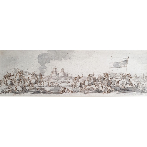 454 - Manner of Giacomo Cortesi, a battle scene, wash and ink, 12 x 37 cm, with a The Rowley Gallery label... 