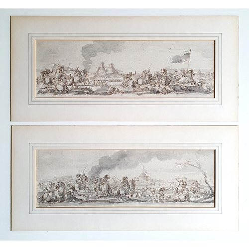 454 - Manner of Giacomo Cortesi, a battle scene, wash and ink, 12 x 37 cm, with a The Rowley Gallery label... 