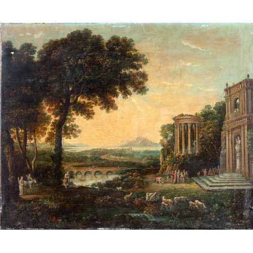 313 - 19th century, Continental school, landscape with figure and temples, oil on canvas, 100 x 80 cm