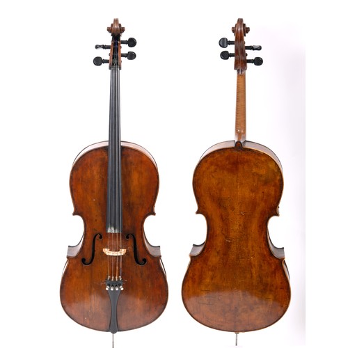 715 - A cello, with a two piece back, having a handwritten label inside, with a bow, cased SOLD