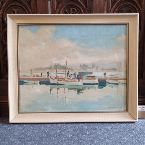 426 - D E W Winsland, moored boats, oil on canvas, signed, 36 x 44 cm