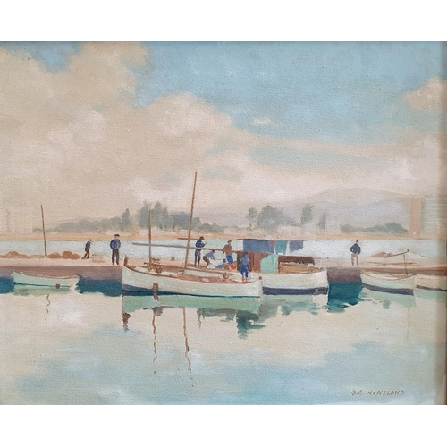 426 - D E W Winsland, moored boats, oil on canvas, signed, 36 x 44 cm