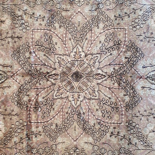 832 - A Kashmiri silk cream ground carpet, 272 x 180 cm