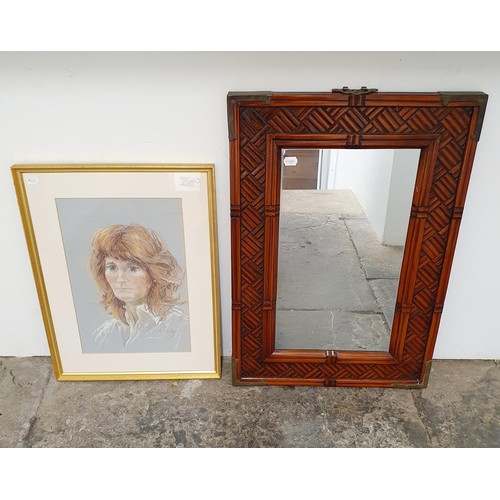 916 - A bamboo effect wall mirror, 82 x 59 cm, a portrait, 46 x 30 cm, John Dawson Davison, watercolour, 3... 