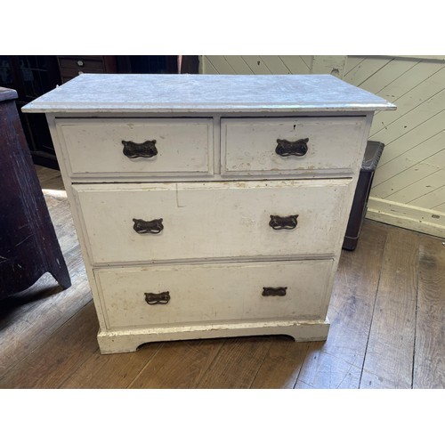 746 - An oak tilt top table, 58 cm diameter, a painted chest of drawers, and an oak trunk (3)