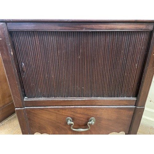 747 - A mahogany tambour front tray top commode, 50 cm wide, a single chair, and a corner chair (3)