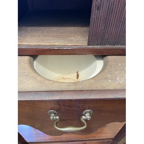 747 - A mahogany tambour front tray top commode, 50 cm wide, a single chair, and a corner chair (3)