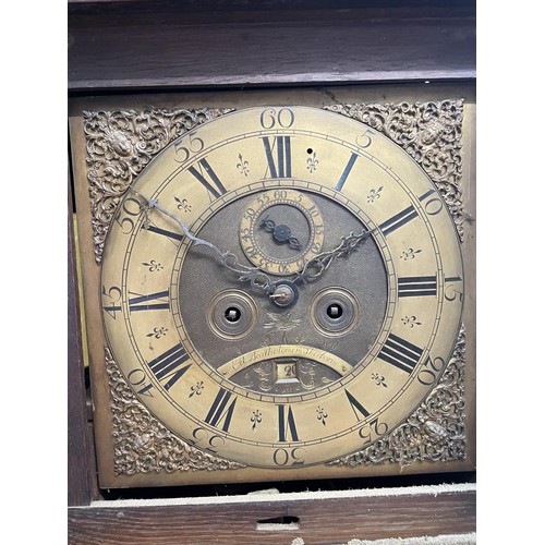 751 - A longcase clock, the brass dial with Roman numerals, subsidiary seconds dial, and date aperture, si... 