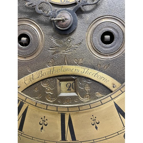 751 - A longcase clock, the brass dial with Roman numerals, subsidiary seconds dial, and date aperture, si... 