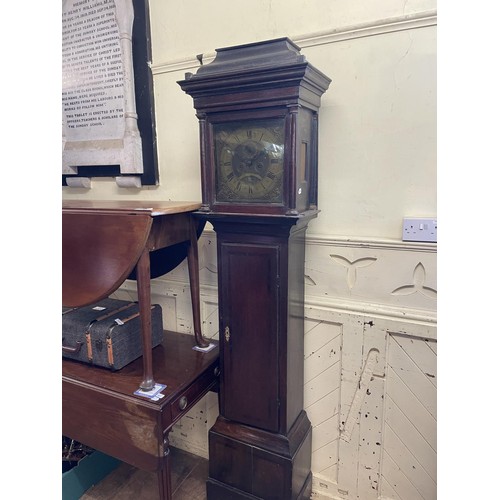 751 - A longcase clock, the brass dial with Roman numerals, subsidiary seconds dial, and date aperture, si... 