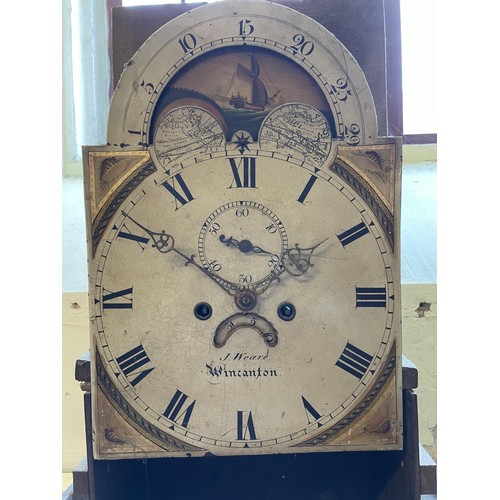 753 - A longcase clock, the painted dial with a nautical phase of the moon, subsidiary seconds dial and da... 