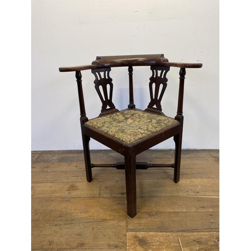 747 - A mahogany tambour front tray top commode, 50 cm wide, a single chair, and a corner chair (3)