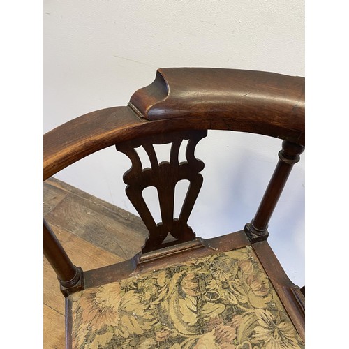 747 - A mahogany tambour front tray top commode, 50 cm wide, a single chair, and a corner chair (3)