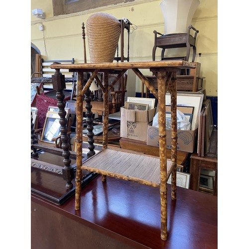 866 - A set of six painted rope back dining chairs, a mahogany sideboard, three bamboo tables, a single ch... 