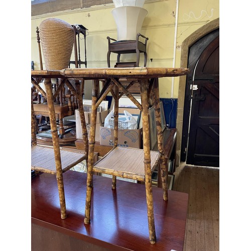 866 - A set of six painted rope back dining chairs, a mahogany sideboard, three bamboo tables, a single ch... 