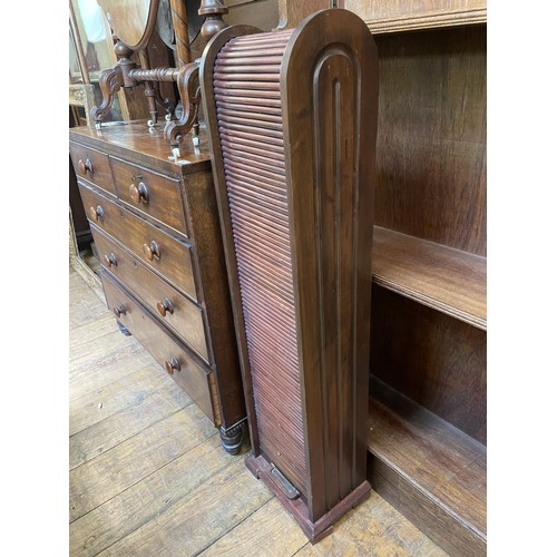 788 - An oak waterfall bookcase, 101 cm wide, a mahogany CD rack, a washstand, a map, two single chairs, a... 