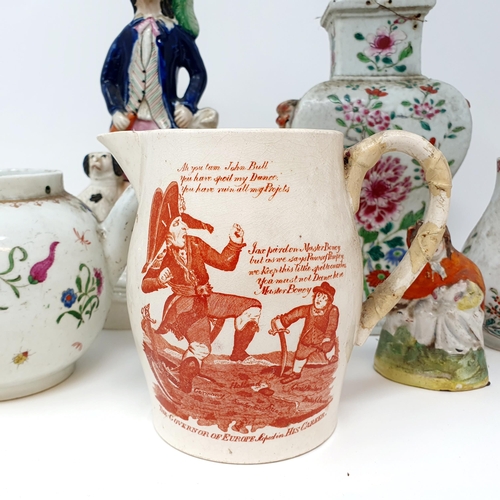 500 - A 19th century jug, decorated a comical scene, THE GOVERNOR OF EUROPE, and assorted other ceramics (... 