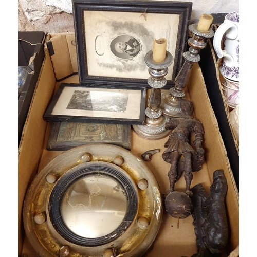 519 - A pair of brass candlesticks, a lantern, and assorted other items (box)