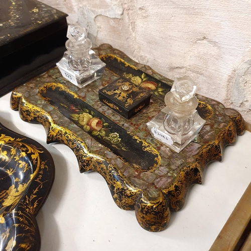 525 - A papier mache inkstand, 28 cm wide, a tray, and a jewellery box (3)