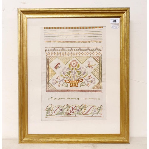 528 - An embroidered panel, signed Marguerite Woodward, 25th November 1913, 40 x 28 cm