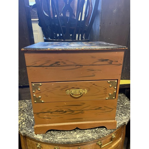 768 - A Continental walnut demi lune chest, of three drawers, with a marble top, 86 cm wide, and a painted... 