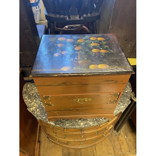 768 - A Continental walnut demi lune chest, of three drawers, with a marble top, 86 cm wide, and a painted... 