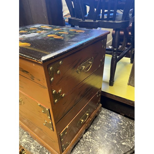 768 - A Continental walnut demi lune chest, of three drawers, with a marble top, 86 cm wide, and a painted... 