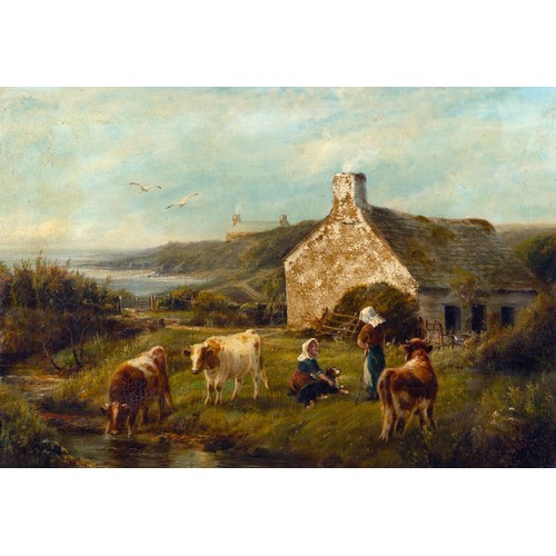 425 - G Watson, landscape with figures and cattle, oil on canvas, signed, 39 x 57 cm