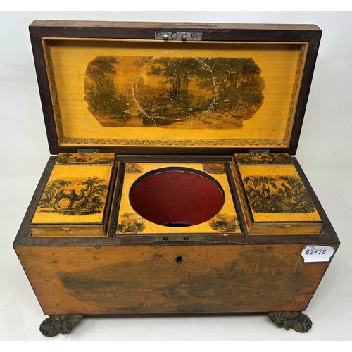 673 - A 19th century satinwood tea caddy, with transfer printed decoration, 32 cm wide