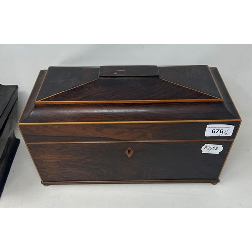 676 - A lacquered tea caddy, 25 cm wide, and a rosewood box, 30 cm wide