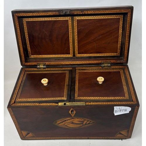 678 - A 19th century mahogany tea caddy, 23 cm wide, and a box, 24 cm wide